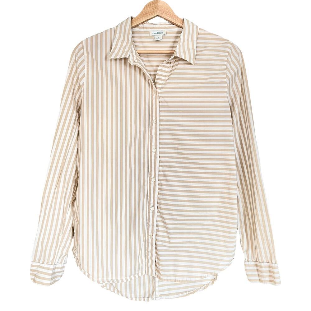 Sundance Golden Days Neutral Striped Cotton Long Sleeve Button Down Shirt Size S - Picture 2 of 6